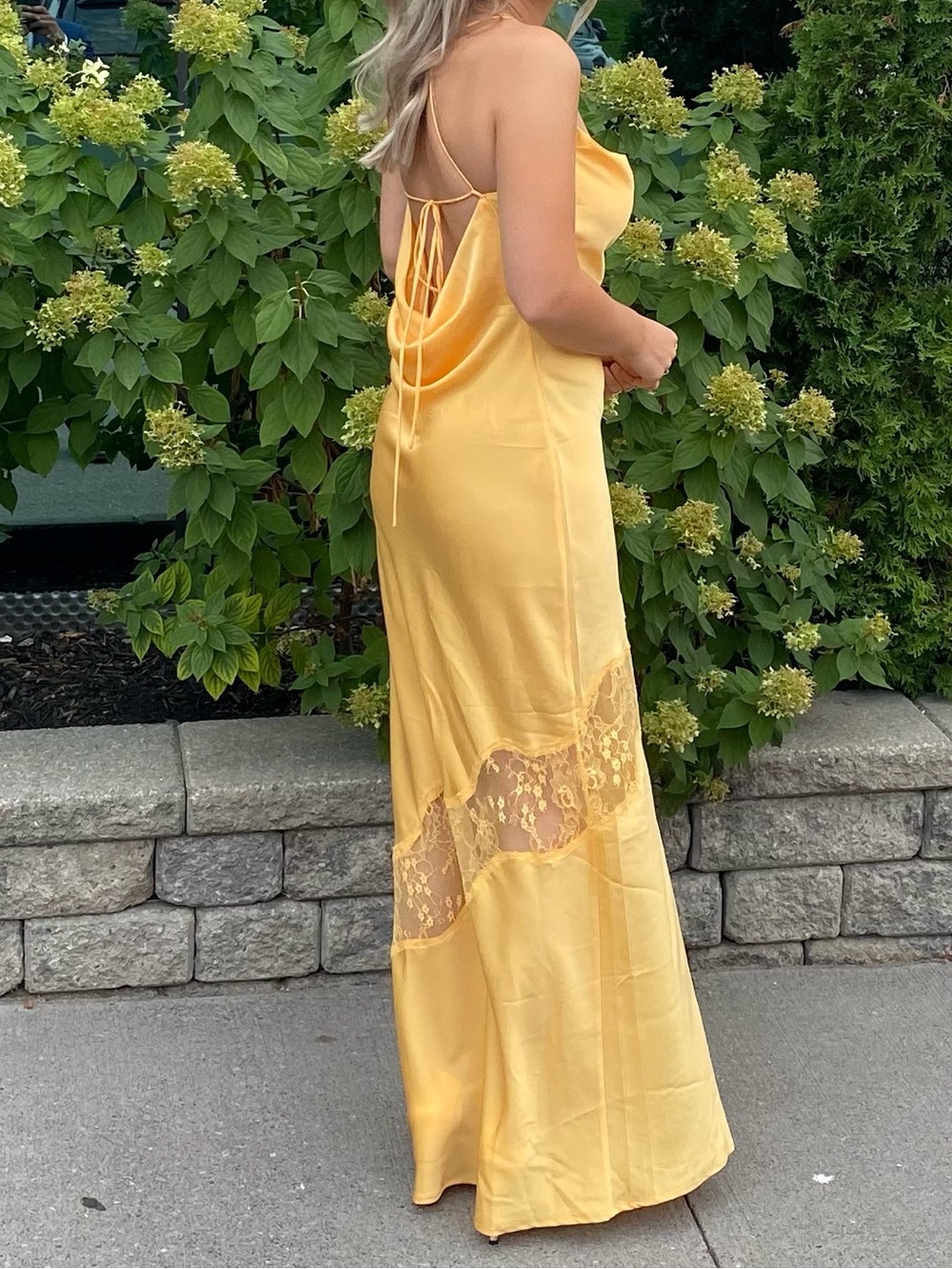 Meshki Yellow Satin Slip Dress with Lace Insets